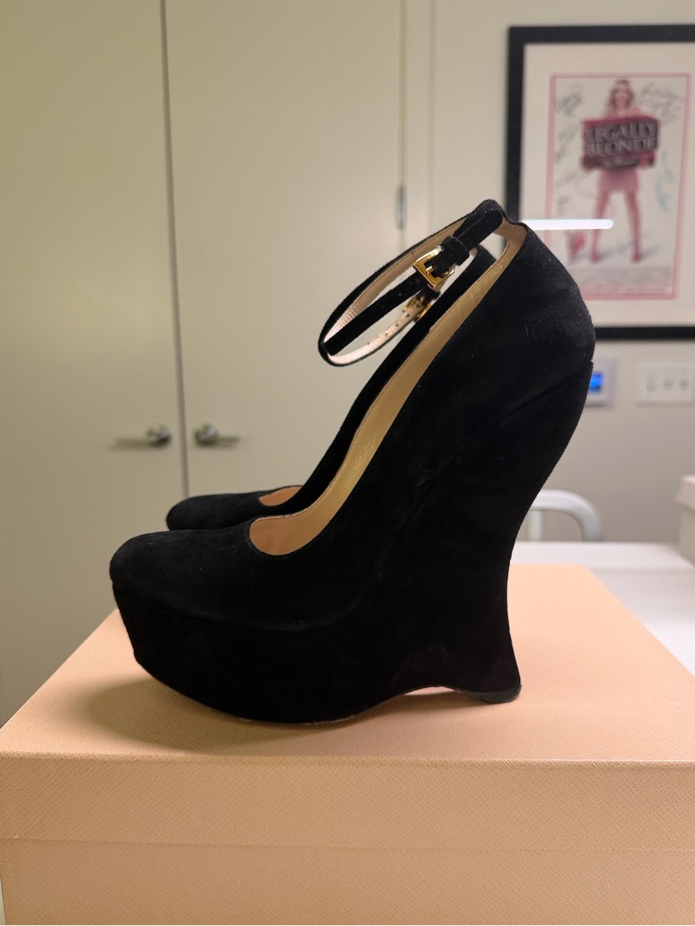 Prada Black Suede Platform Wedge Heels Ankle Strap Size 38 (US 8) With Box